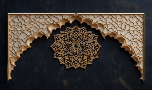 ornate golden arabesque archway with layered filigree mandala and ivory lattice panels on a dark textured wall, elegant and serene