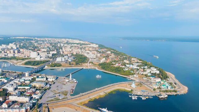Cheboksary, Russia. Mother is the patroness. Cheboksary bay. View of the Volga River. Drone footage