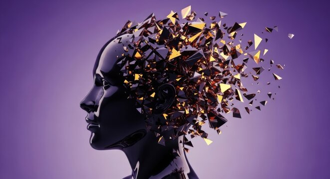 A dark purple human head with gold and black fragments exploding from the brain on purple background