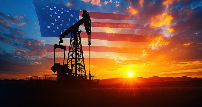 silhouette of an oil pumpjack at vibrant sunset beneath a translucent star-spangled flag overlay, dramatic golden light and stirring clouds evoking a solemn, powerful mood