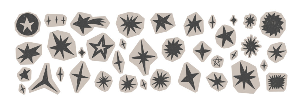 Hand-drawn star doodles with crayon texture and pastel chalk elements create a whimsical collage perfect for kids' creative projects and magical scrapbook designs. Vector illustration.