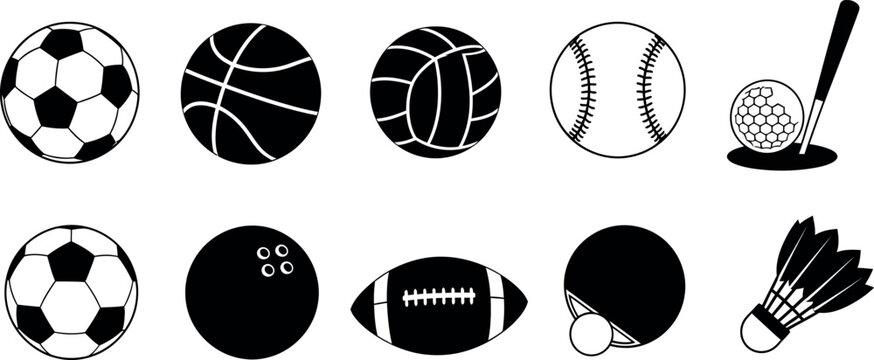 Collection of various sports equipment icons including balls and rackets