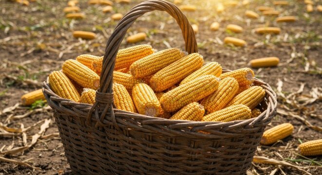 Abundant Corn Harvest - Basket Overflowing with Freshly Picked Corn.