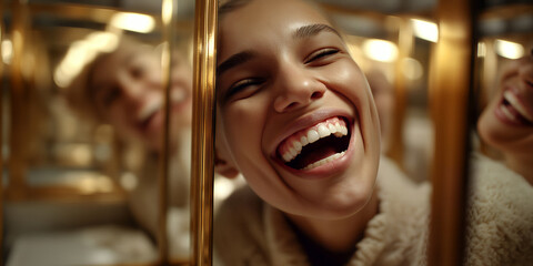 Fototapeta premium Woman with gleaming skin and joyful expression leaning through golden rail amid festive illumination