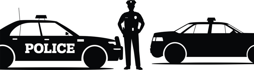 Silhouettes of two police cars and a police officer on a white background untitled illustration © Ariful