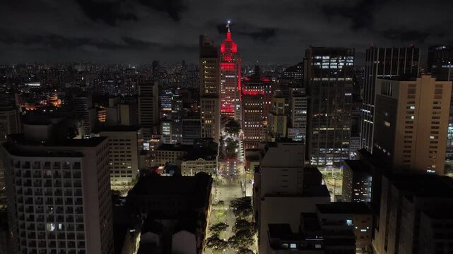 Sao Paulo Skyline At Sao Paulo In Brazil. Illuminated City Landscape. Downtown City Scenery. Highrise Buildings. Sao Paulo Skyline At Sao Paulo In Brazil. Business Skyscrapers.