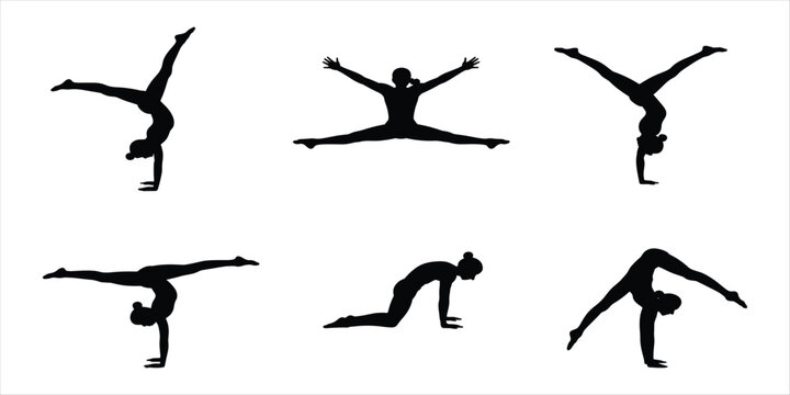 Six black silhouettes of a gymnast performing various poses on a white background gymnastics flexibility