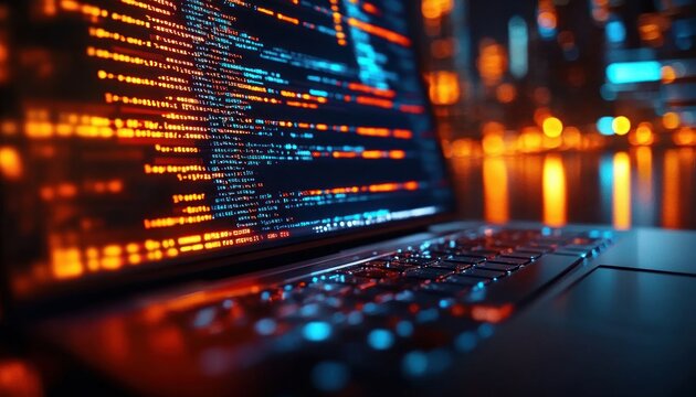 Close-up of a laptop displaying glowing lines of code with an illuminated keyboard and blurred orange and blue city lights, evoking focused high-tech intensity
