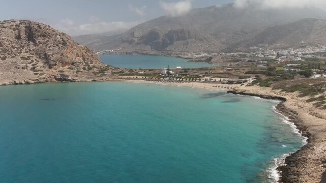 Aerial perspective revealing the stunning agios nikolaos beach on the greek island of karpathos