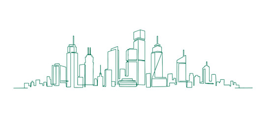 Fototapeta premium Flat modern urban landscape with skyscraper buildings and flowing continuous lines.