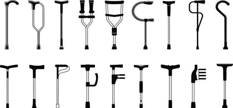 Variety of Black Silhouette Walking Canes and Crutches for Mobility Assistance vector illustration