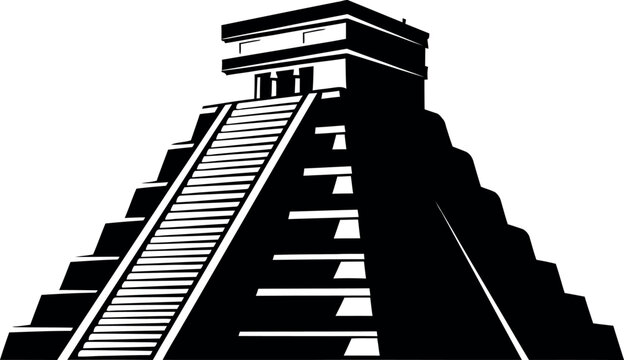 A striking black and white illustration of a mayan pyramid structure