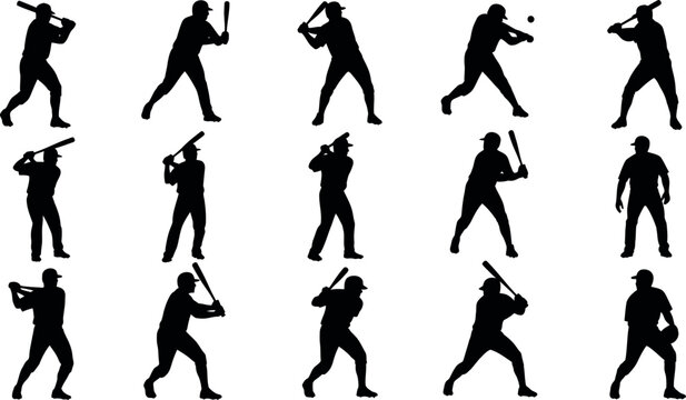 A collection of 12 black silhouettes of a person swinging a baseball bat in various dynamic poses against a white background