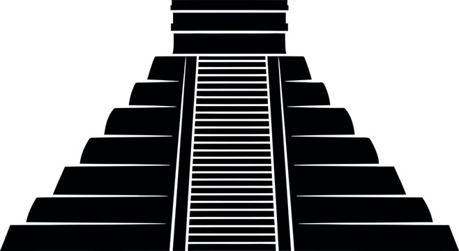A black silhouette of a stepped pyramid with a central staircase