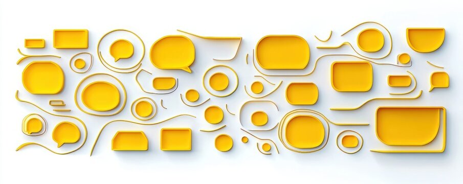 array of yellow speech bubbles and rounded shapes with flowing lines and soft shadows on white background conveying playful energetic communication