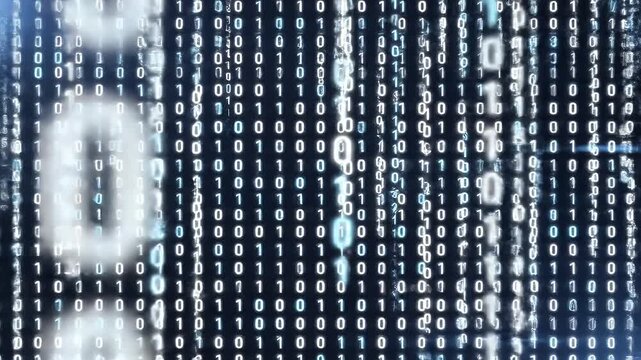Cascading binary code streams flow downwards with a digital glow