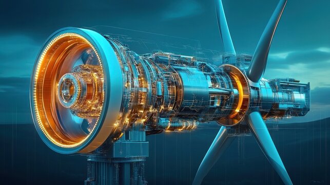 Futuristic wind turbine cutaway showing glowing exposed generator gearbox and rotating blades against a teal dusk seascape, evoking power and technological awe
