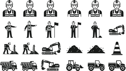 Black and white construction icons featuring workers with helmets, safety vests, vehicles, dump trucks, excavators, tractors, traffic cone, industrial equipment and tools for bui © MdAnisur