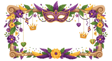 Obraz premium Elegant Mardi Gras floral frame with a masquerade mask and festive ornaments.