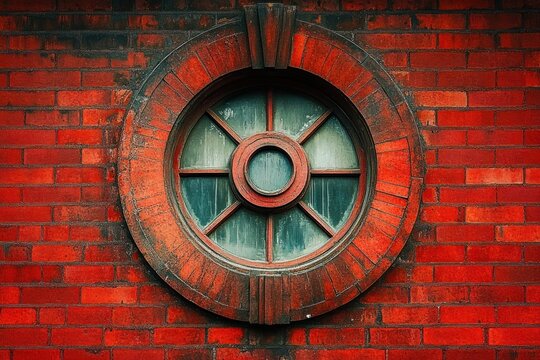 weathered circular window with radial spokes and greenish glass set in a red brick wall, nostalgic moody architectural detail