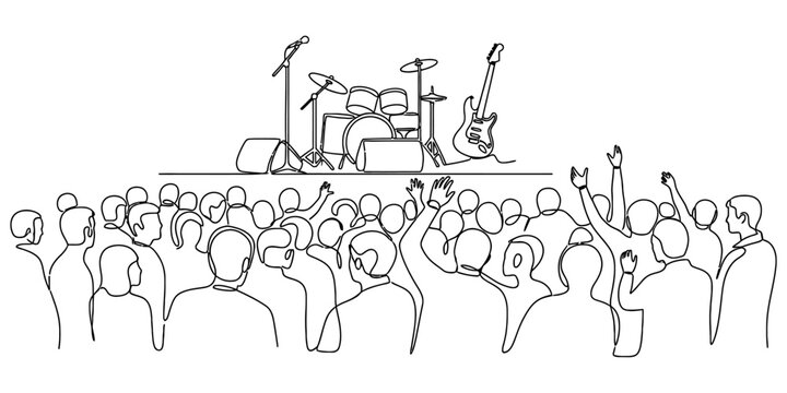 Continuous One Line Drawing of Rock Concert Crowd and Musical Instruments