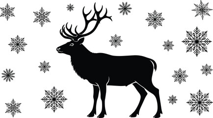 Black silhouette of reindeer with large antlers surrounded by snowflakes, festive winter design symbolizing Christmas, holiday season, cold weather, and seasonal decoration. © MdSajjad