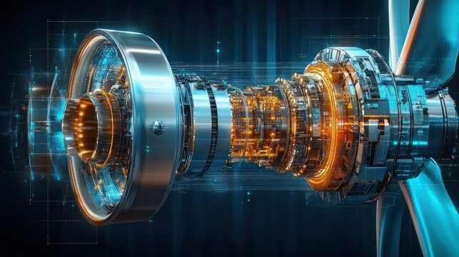 futuristic glowing jet turbine engine cross-section with exposed mechanical components, spinning propeller and digital schematic overlays conveying power and precision