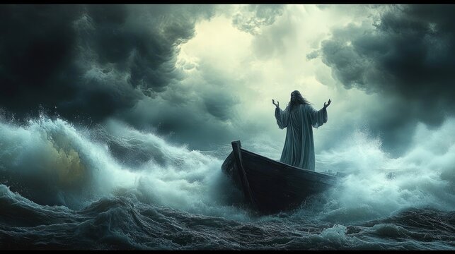 robed figure standing with arms raised in a small wooden boat amid towering storm waves under dark swirling clouds and a dramatic shaft of light, evoking awe and defiance
