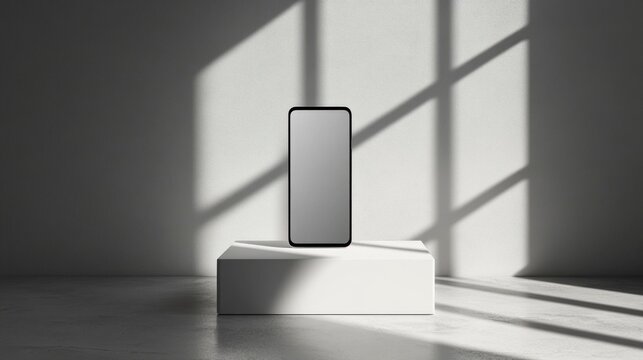 minimal smartphone with blank screen on white pedestal bathed in soft window grid shadows, serene contemplative studio scene