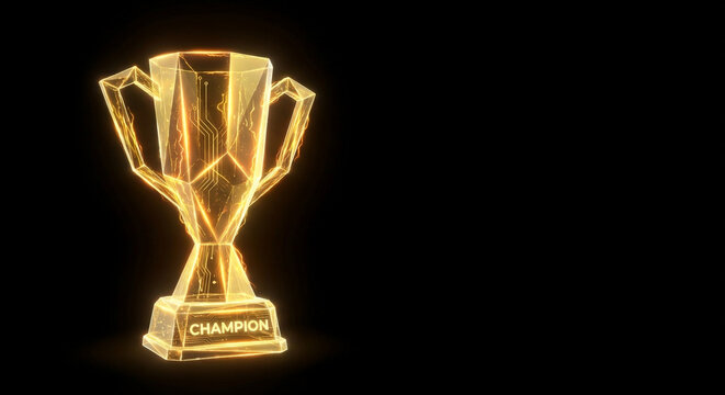 Abstract gold champion trophy in futuristic glowing low polygonal style isolated on black background. Championship, cup winner concept. Gold trophy cup