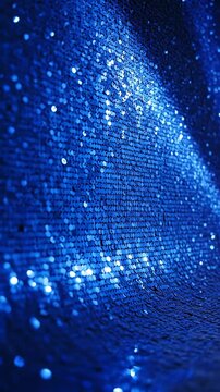 Sparkling blue sequins texture background with light reflection, abstract fashion and glamour concept. 4k Resolution Video. Vertical Video 30FPS.