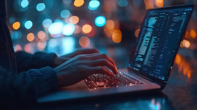 Hands typing code on an illuminated laptop keyboard with blurred city bokeh lights at night, evoking focused and contemplative late‑night work