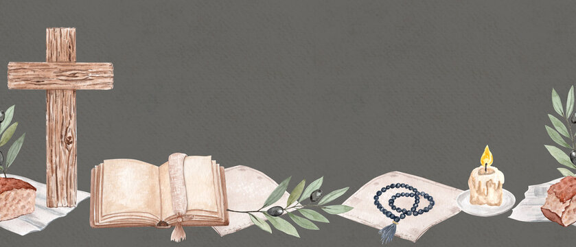 Hand-painted wooden cross with open book, rosary, candle stub, olive branch, bread, and linen napkin on muted gray-green background, seamless religious border, perfect for Lent, church bulletins, and