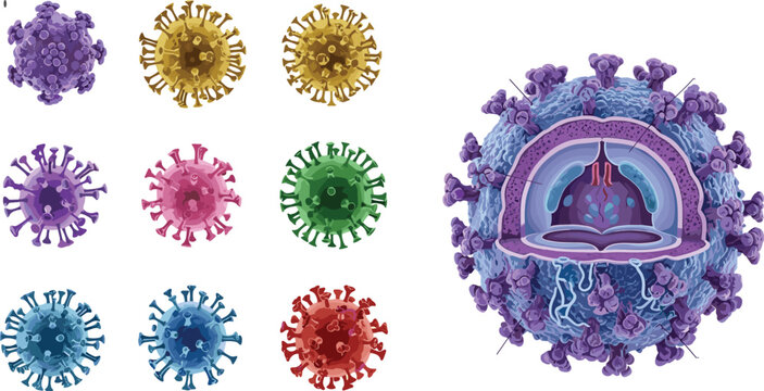 3D Virus Cell Illustrations in Different Colors for Medical, Scientific, and Health Education Graphics