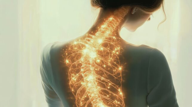 calm person seen from behind with a luminous golden spine and branching neural lights radiating through the upper back and neck in a soft, ethereal daylight atmosphere
