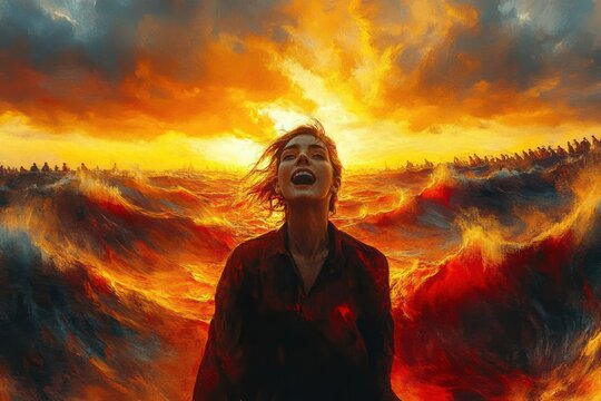 Silhouetted person standing amid towering fiery waves under a golden sunset, windblown hair and backlit halo evoking solitude, defiance and awe