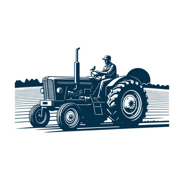 Man driving tractor with bird on steering wheel in field landscape