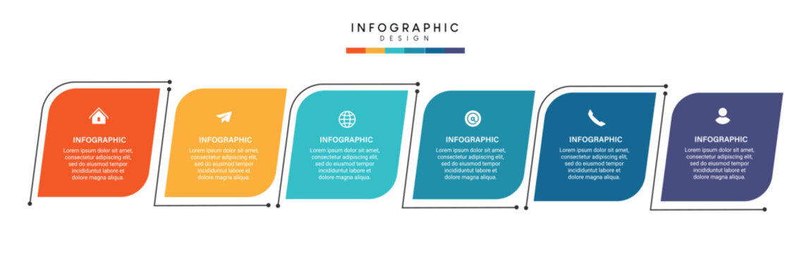 A colorful infographic template with five rounded rectangular sections in orange, yellow, teal, blue, and purple hues, connected by lines and featuring sample text.