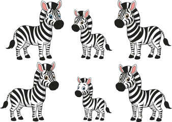 Fototapeta premium Adorable Cartoon Zebra Character Set with Various Poses, Perfect for Kids' Designs, Animal-Themed Products, and Educational Materials