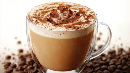 Obraz premium Close-up of a creamy latte in a clear double-walled glass cup topped with frothed foam and cocoa powder, surrounded by scattered coffee beans, warm and inviting