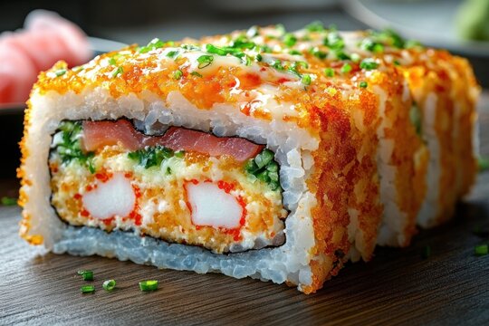 appetizing crispy sushi roll with imitation crab and salmon, creamy sauce drizzle, chopped chives and pickled ginger on a wooden board