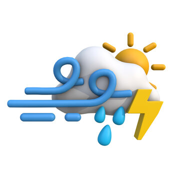 3D illustration of stormy weather with rain, sun, lightning, and wind