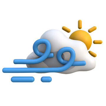 Vibrant 3D graphic icon depicting sunny and windy weather, featuring a fluffy cloud, bright yellow sun, and dynamic blue wind streaks, perfect for modern digital apps and UI
