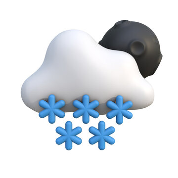 3D illustration of a cloud with snowflakes and moon for winter weather forecasting