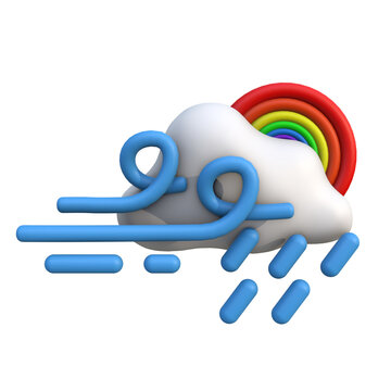3D illustration of a rainbow with a cloud and rain, depicting weather changes and atmospheric phenomena