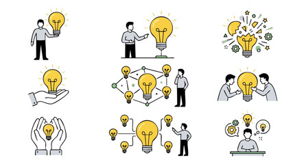 Fototapeta premium Concept of Creativity and Innovation with Light Bulb Icons and Human Figures Representing Ideas and Collaboration