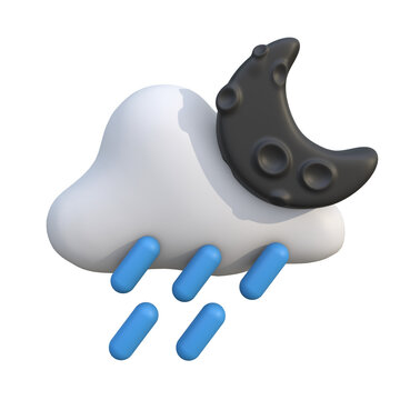 Realistic 3D Weather Icon Showing a Cloudy Night with Rain and a Crescent Moon