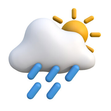 3D cartoon style sun behind a cloud with raindrops falling, symbolizing rainy weather