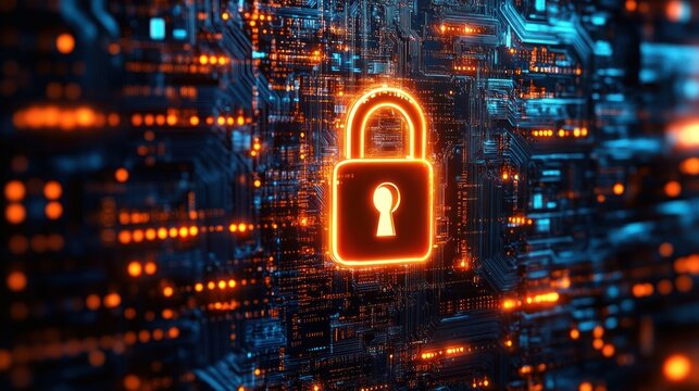 Glowing orange padlock icon over a detailed blue circuit board with illuminated traces and microchips, conveying a sense of digital security and protected data