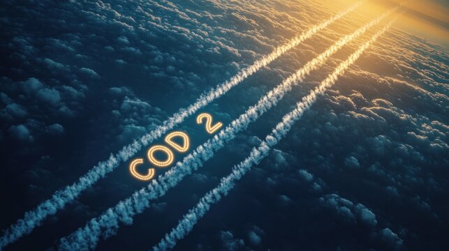 Glowing alphanumeric text along airplane contrails across a golden sunset sky above a sea of clouds